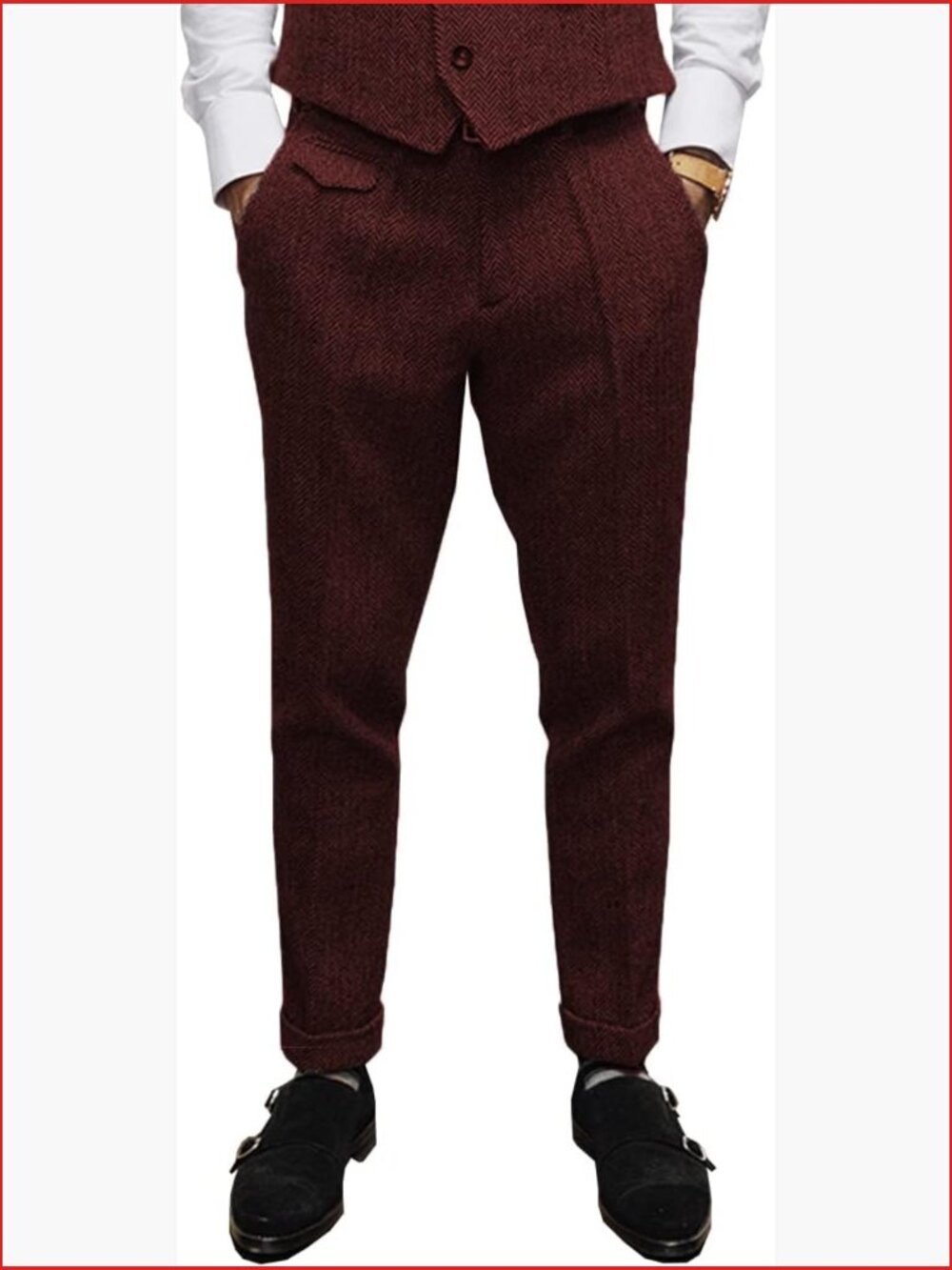Men's Herringbone Pleated High Rise Dress Pants Straight Leg Ankle Length